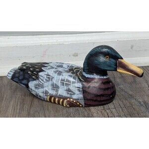 Vintage Hand Carved Hand Painted 10 In Long Wood Mallard Duck Decoy Glass Eyes